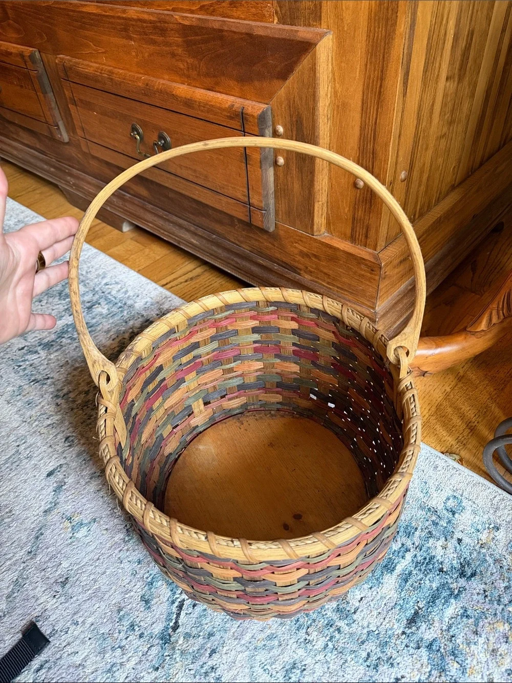Vtg Handwoven Multicolor Storage Basket - Rustic Home Accent